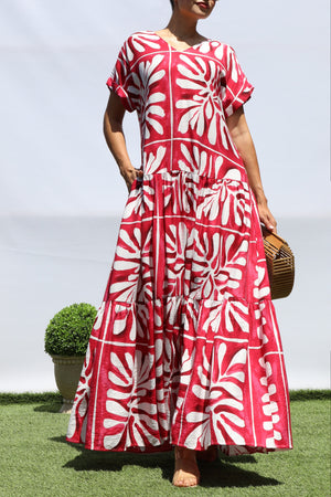 DD8451, PRINTED LOOSE FIT TIERED MAXI DRESS