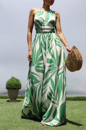 DD8417, LEAF PRINTED DEEP V MAXI DRESS