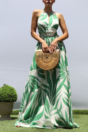 DD8417, LEAF PRINTED DEEP V MAXI DRESS