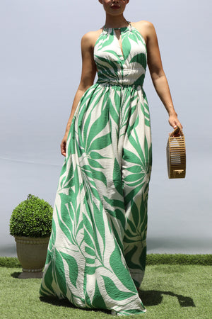 DD8417, LEAF PRINTED DEEP V MAXI DRESS