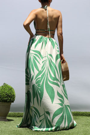 DD8417, LEAF PRINTED DEEP V MAXI DRESS