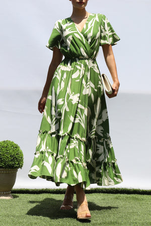 DD8398, PRINTED SMOCKED TOP MIDI DRESS