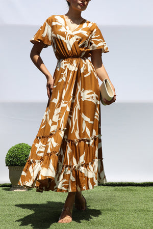 DD8398, PRINTED SMOCKED TOP MIDI DRESS