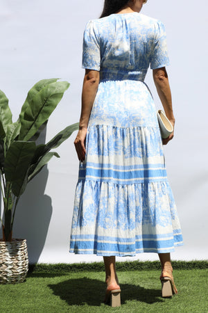 DD8428, PRINTED V NECK TIERED MIDI DRESS
