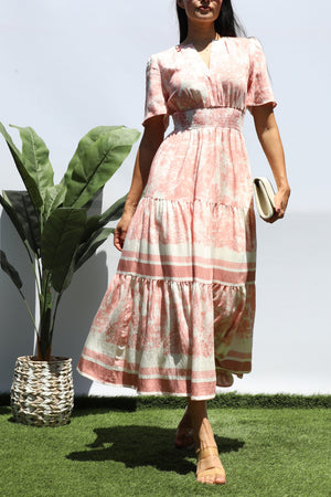 DD8428, PRINTED V NECK TIERED MIDI DRESS