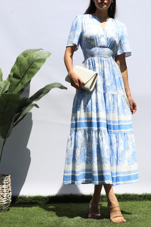 DD8428, PRINTED V NECK TIERED MIDI DRESS