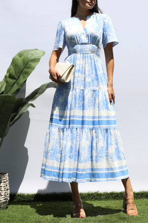 DD8428, PRINTED V NECK TIERED MIDI DRESS