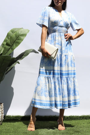 DD8428, PRINTED V NECK TIERED MIDI DRESS