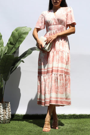 DD8428, PRINTED V NECK TIERED MIDI DRESS