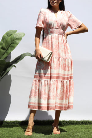 DD8428, PRINTED V NECK TIERED MIDI DRESS