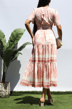 DD8428, PRINTED V NECK TIERED MIDI DRESS
