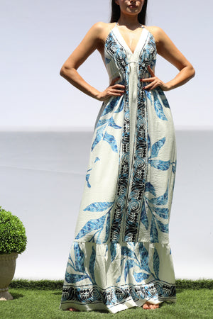 DD8459, PRINTED V NECK MAXI DRESS