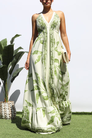 DD8459, PRINTED V NECK MAXI DRESS