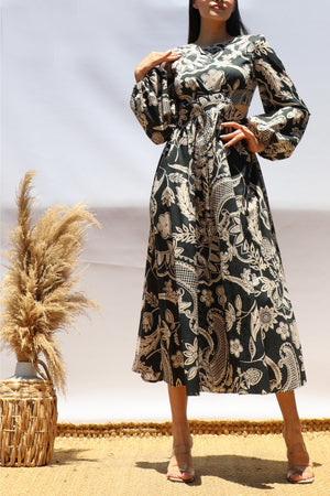 DD8511, Printed Lace Up Midi Dress