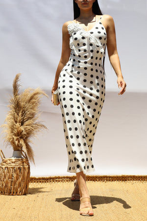 DD8488, Polka Dot V Neck Midi Dress