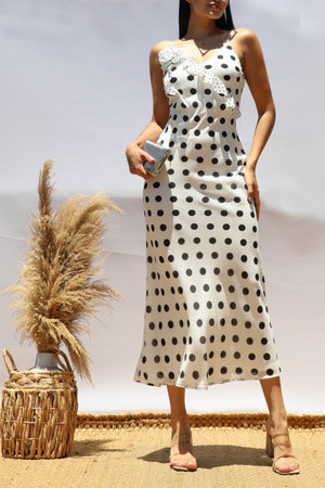 DD8488, Polka Dot V Neck Midi Dress