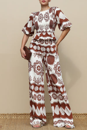 DD7713, Printed Smocked Top and Pants Set