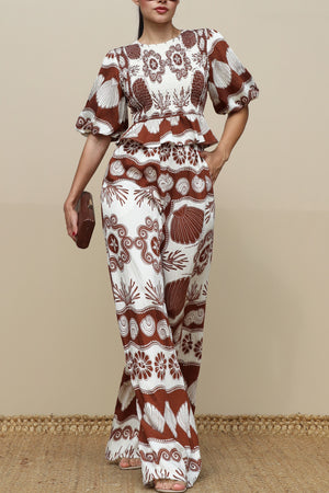 DD7713, Printed Smocked Top and Pants Set