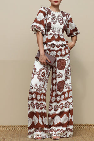 DD7713, Printed Smocked Top and Pants Set