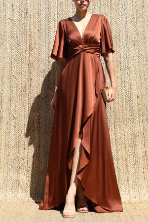 DD8580, V Neck Satin Maxi Dress