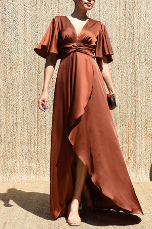 DD8580, V Neck Satin Maxi Dress
