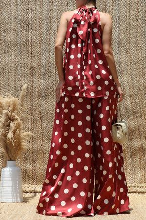 DD8563, Polka Dot Loose Fit Satin Top & Pants Set