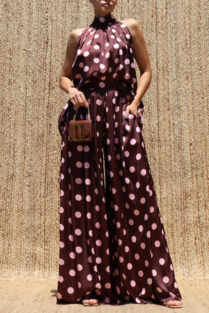 DD8563, Polka Dot Loose Fit Satin Top & Pants Set