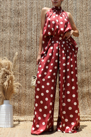 DD8563, Polka Dot Loose Fit Satin Top & Pants Set