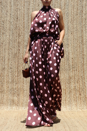 DD8563, Polka Dot Loose Fit Satin Top & Pants Set