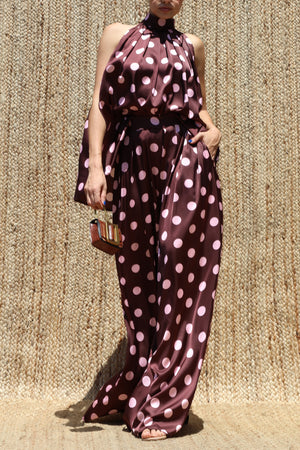 DD8563, Polka Dot Loose Fit Satin Top & Pants Set