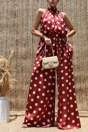 DD8563, Polka Dot Loose Fit Satin Top & Pants Set