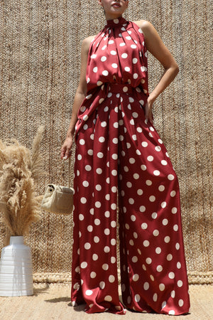 DD8563, Polka Dot Loose Fit Satin Top & Pants Set