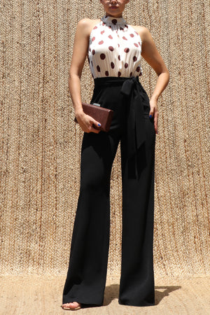 DD8550, Polka Dot Mock Neck Satin Jumpsuit