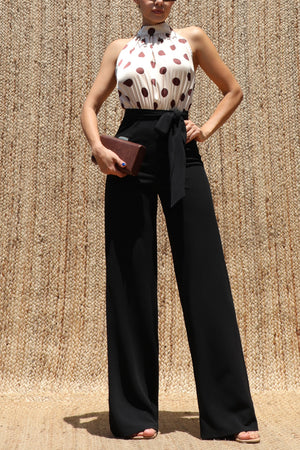 DD8550, Polka Dot Mock Neck Satin Jumpsuit