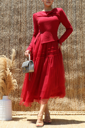 DD8632, Tiered Ruffle Layer Knit Midi Dress
