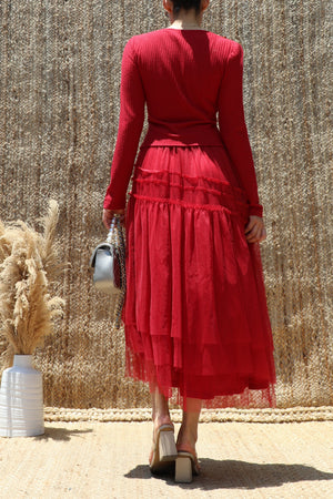 DD8632, Tiered Ruffle Layer Knit Midi Dress