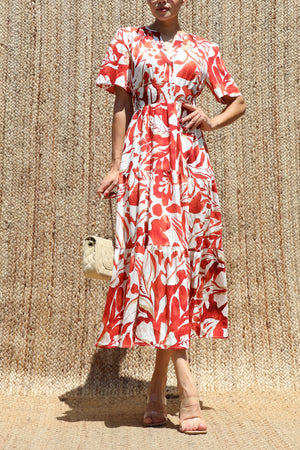 DD8498, Boho Printed Tiered Midi Dress