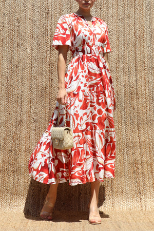 DD8498, Boho Printed Tiered Midi Dress