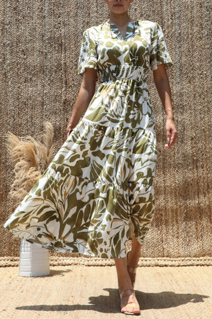 DD8498, Boho Printed Tiered Midi Dress