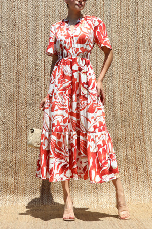 DD8498, Boho Printed Tiered Midi Dress