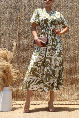DD8498, Boho Printed Tiered Midi Dress