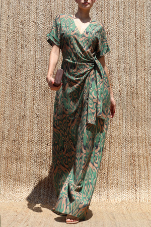 DD8497, Printed Wrap Flare-Leg Jumpsuit