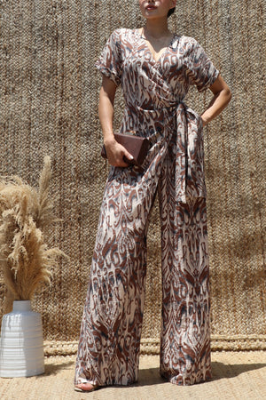 DD8497, Printed Wrap Flare-Leg Jumpsuit