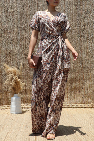 DD8497, Printed Wrap Flare-Leg Jumpsuit
