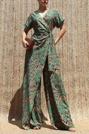 DD8497, Printed Wrap Flare-Leg Jumpsuit