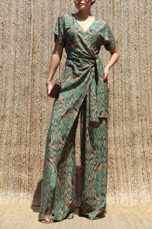 DD8497, Printed Wrap Flare-Leg Jumpsuit