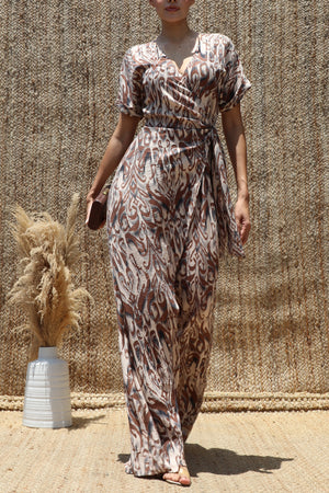 DD8497, Printed Wrap Flare-Leg Jumpsuit