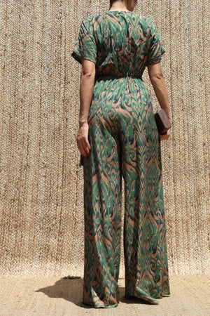 DD8497, Printed Wrap Flare-Leg Jumpsuit