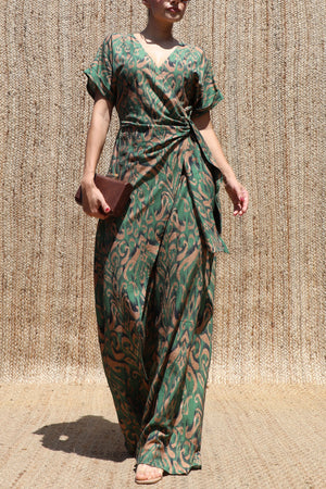 DD8497, Printed Wrap Flare-Leg Jumpsuit