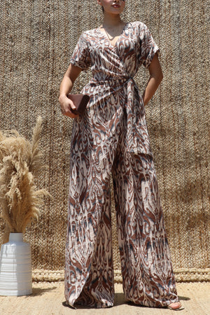 DD8497, Printed Wrap Flare-Leg Jumpsuit